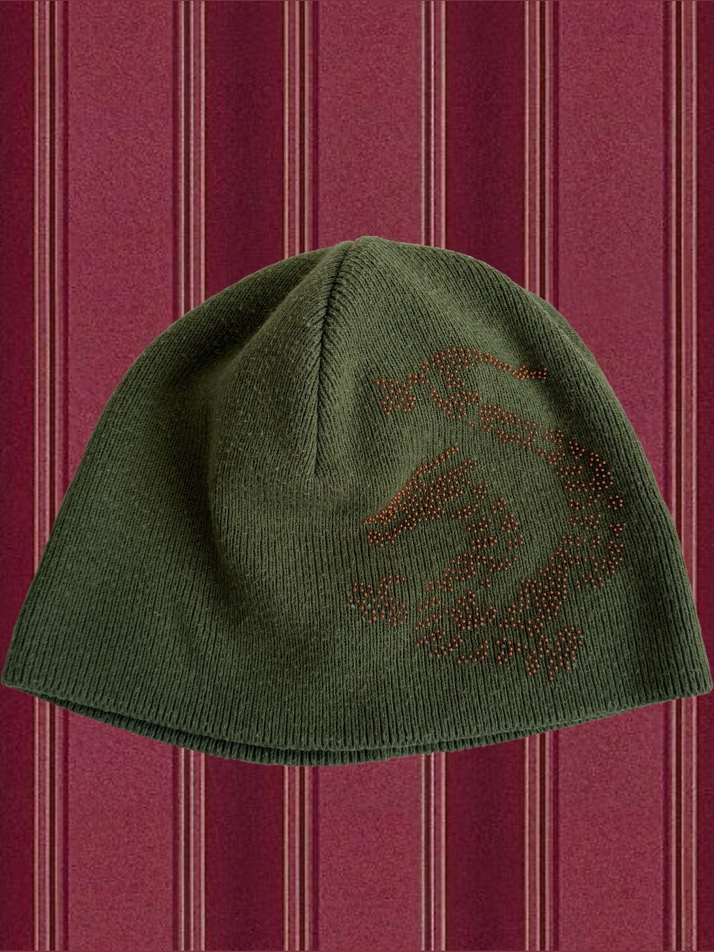 Men's Olive Green Knit Beanie with Orange Dragon Stud Detail